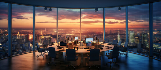 large office space overlooking city at sunset Generated by AI
