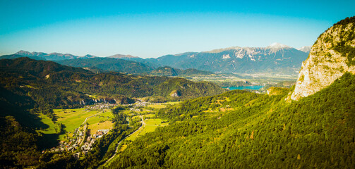 Aerial panoramic view scenic greenery Slovenian mountains views. Road trip way through slovenian countryside to Bled and Bohinj lakes in Slovenia. Famous travel destination concept