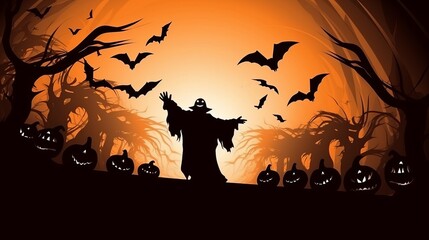 Ghosts in the graveyard in the atmosphere sunset during halloween, illustration, clip art. Generative AI