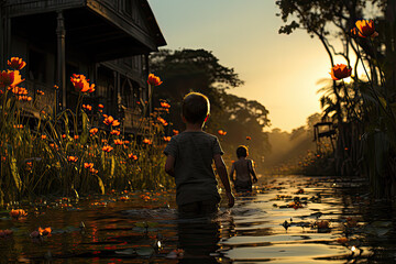 Little boy with river, Generative AI