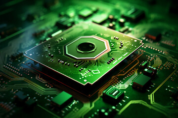 Fototapeta premium Concept of green technology. green recycle sign on circuit board technology innovations