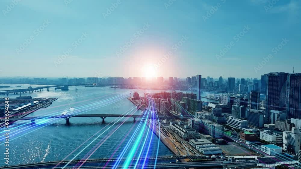 Poster A path of light that leads to the future. Composite visual with a drone point of view. Mixed media.