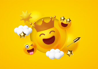 Joy, happy and fun background. Yellow balls with faces. Emotion expression . Holiday, singing, joy, fun, party, laughter, music, concert, birthday, win and special offer.