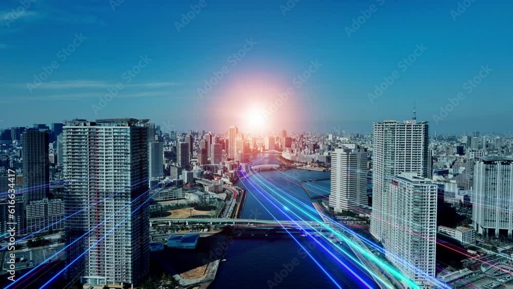 Poster A path of light that leads to the future. Composite visual with a drone point of view. Mixed media.