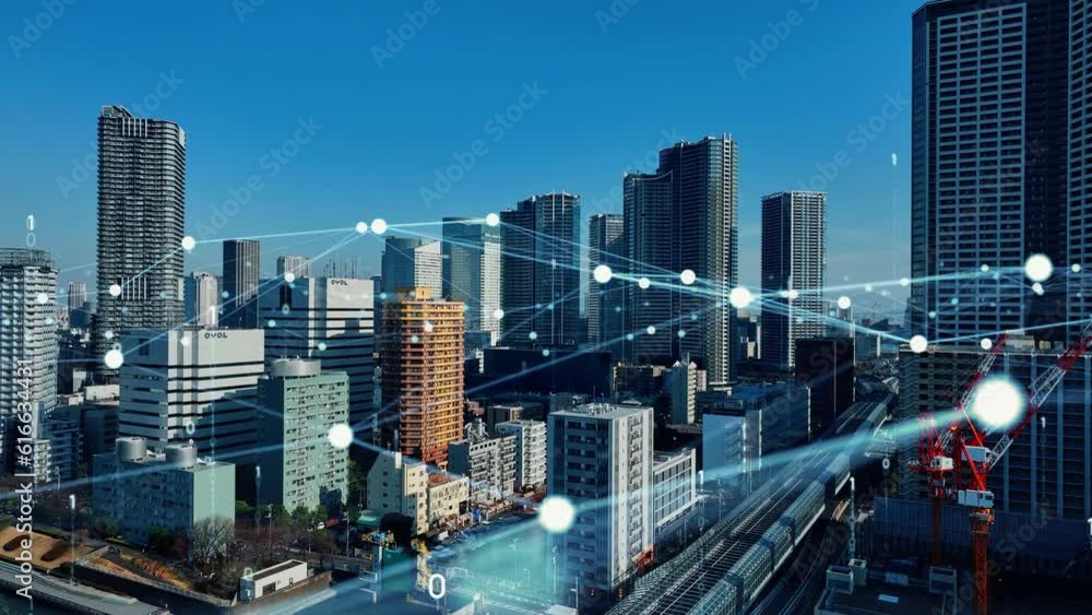 Poster Modern cityscape and communication network concept. Telecommunication. IoT (Internet of Things). 5G. Smart city. Composite visual with a drone point of view. Mixed media.