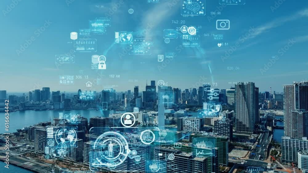 Poster Modern cityscape and digital technology concept. Smart city. Digital transformation. Composite visual with a drone point of view. Mixed media.