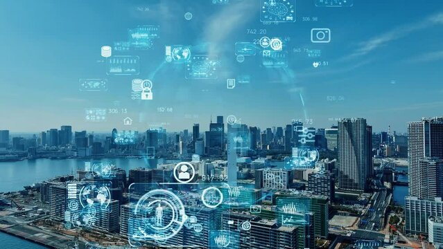 Modern cityscape and digital technology concept. Smart city. Digital transformation. Composite visual with a drone point of view. Mixed media.