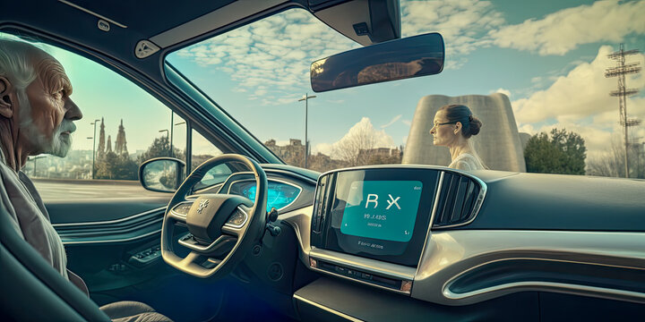 Futuristic self-driving van on public road - Generative AI