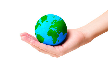 Caring Hand Holding Globe with Green Continents on White Background