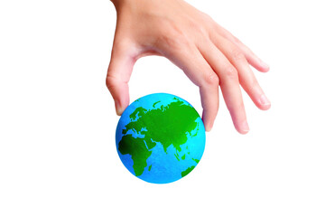 Hand Pinch-Holding a Green and Blue Globe on White