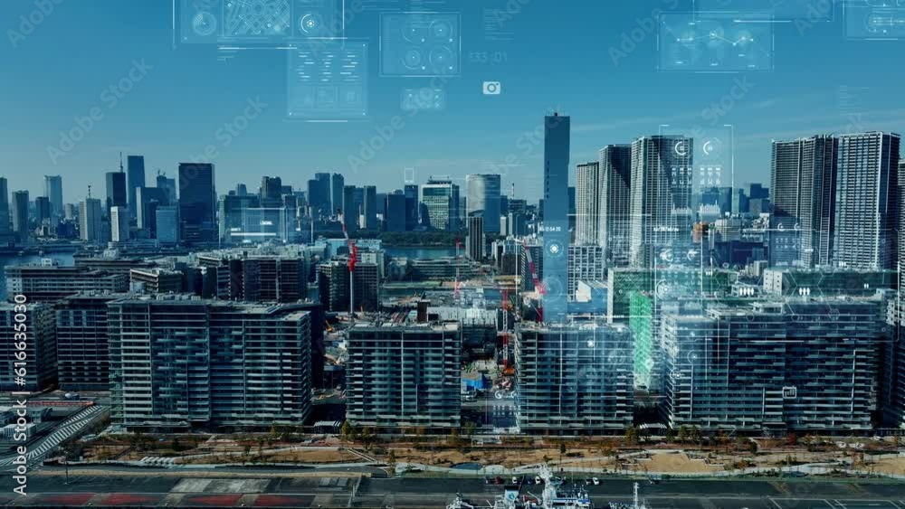 Poster Modern cityscape and digital technology concept. Smart city. Digital transformation. Composite visual with a drone point of view. Mixed media.