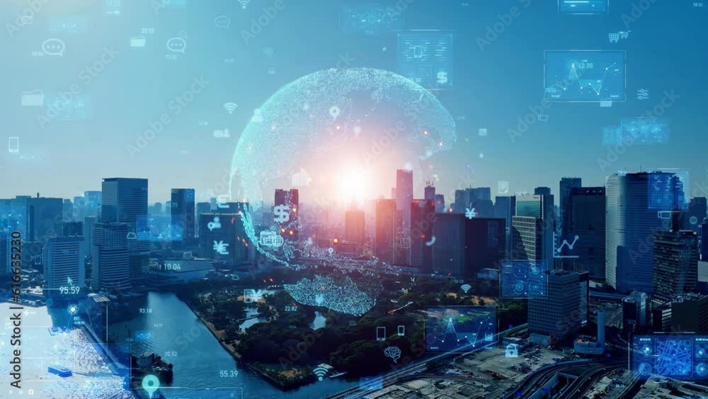 Aufkleber Modern cityscape and global communication network concept. Smart city. Digital transformation. Composite visual with a drone point of view. Mixed media.