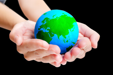 Caring Hands Holding Blue and Green Earth Globe Model