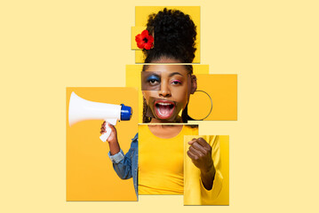 Collage art design of multiethnic people in yellow color background