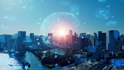 Modern cityscape and global communication network concept. Smart city. Digital transformation. Composite visual with a drone point of view. Mixed media. - Powered by Adobe