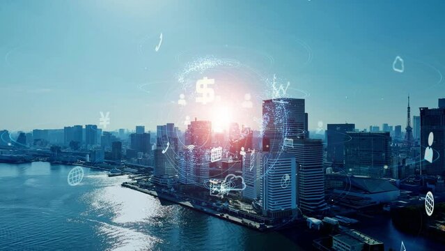 Modern cityscape and global communication network concept. Smart city. Digital transformation. Composite visual with a drone point of view. Mixed media.