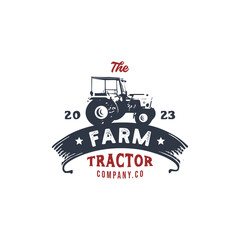 vintage logo tractor farm template illustration - obrazy, fototapety, plakaty