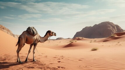 Camel in the desert, hot weather. Created with Generative Ai technology.