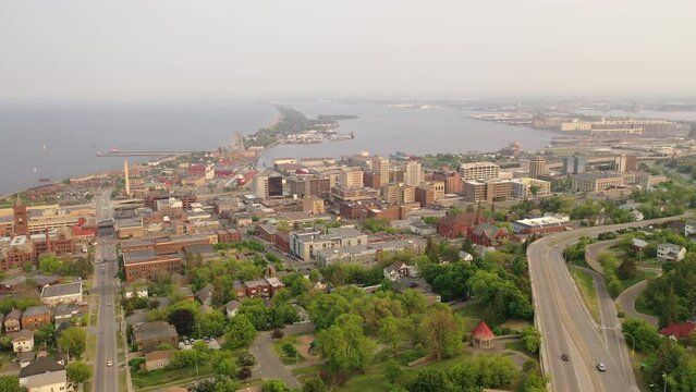 Aerial view of Downtown Duluth, Minnesota, United States. Cityscape, skyline. Spring Summer, sunset