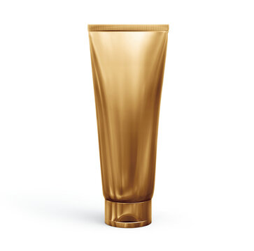 Golden plastic cosmetic tube for cream or gel mockup, transparent background