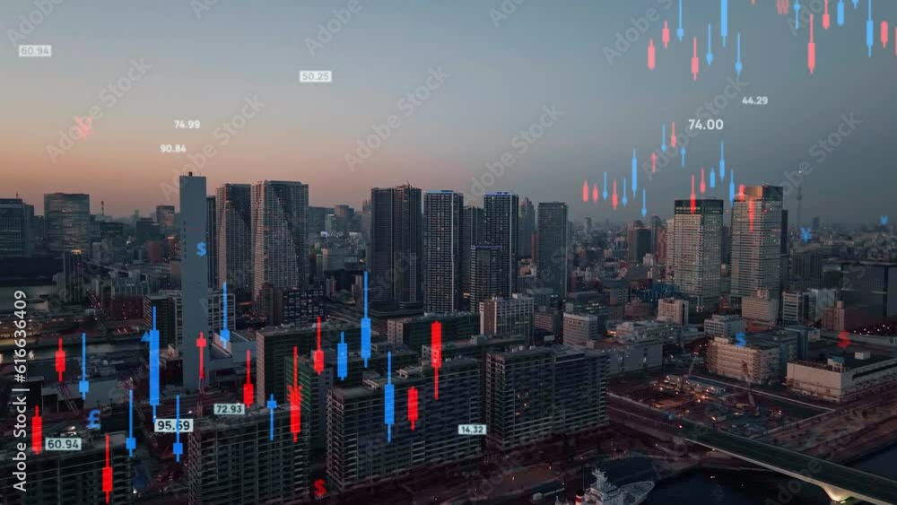 Leinwandbilder modern cityscape and financial technology concept. fintech. asset management. composite visual with 