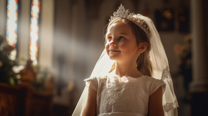 Naklejka premium Portrait of pretty girl with first communion dress on church background , Created with Generative Ai Technology