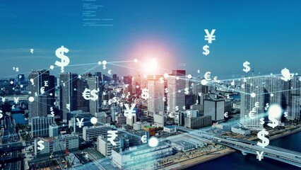 Modern cityscape and financial technology concept. FinTech. Electronic money. Cryptocurrency. Composite visual with a drone point of view. Mixed media.