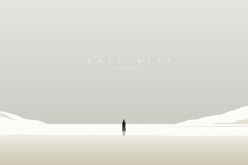 Obraz premium A lonely man in the futuristic landscape. Loneliness. Negative unhappy feeling. Depression thinking. Heartbroken. Nostalgic man thinking about the past. Back view. Conceptual emotional illustration