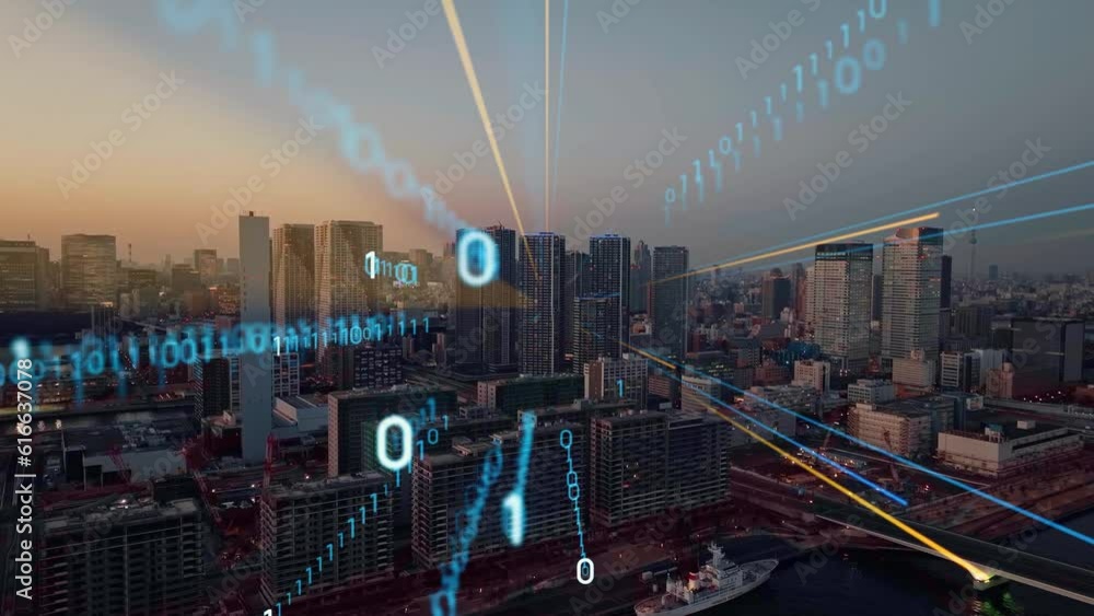 Poster Modern cityscape and digital network concept. Telecommunication. IoT (Internet of Things). 5G. Smart city. Digital transformation. Composite visual with a drone point of view. Mixed media.