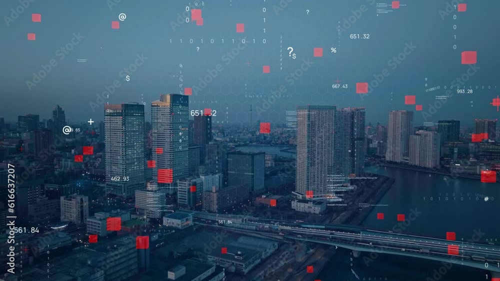 Poster Modern cityscape and digital technology concept. Smart city. Digital transformation. Composite visual with a drone point of view. Mixed media.