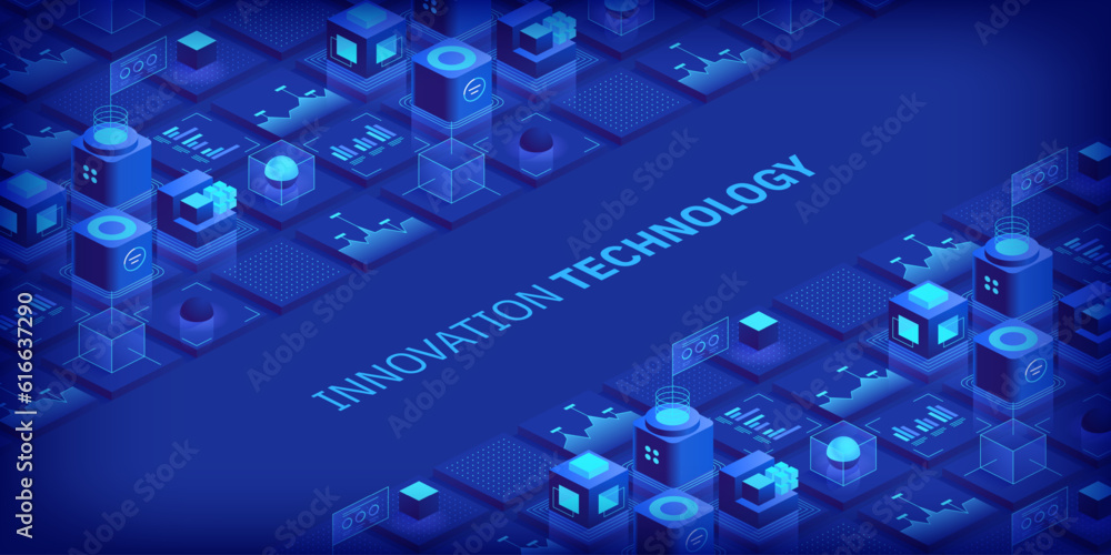 Poster engineering innovations design. abstract technology background. blockchain concept banner. isometric