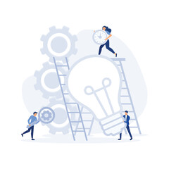 teamwork on finding new ideas, little people launch a mechanism, search for new solutions, flat vector modern illustration