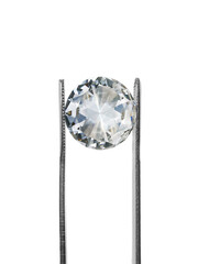 Shiny brilliant diamond placed in diamond tweezers, transparent background
