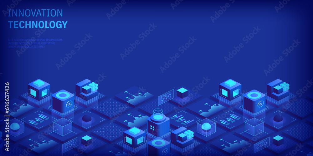 Poster engineering innovations design. abstract technology background. blockchain concept banner. isometric