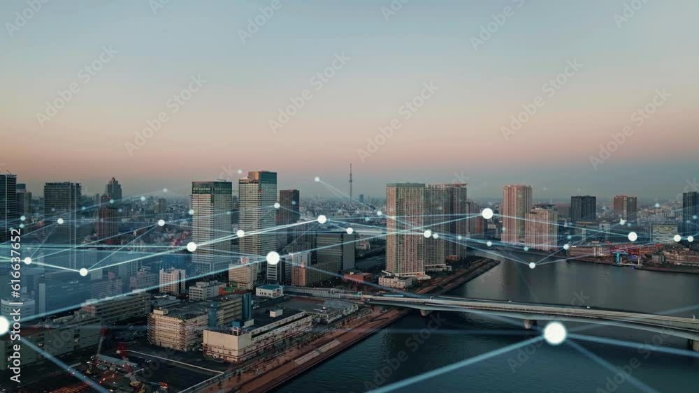 Poster Modern cityscape and communication network concept. Telecommunication. IoT (Internet of Things). 5G. Smart city. Digital transformation. Composite visual with a drone point of view. Mixed media.