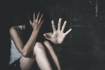 woman raised her hand for dissuade, Abuse, campaign stop violence against women. Stop sexual...