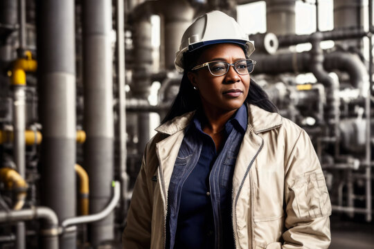 Digital portrait of a senior successful confident professional female Petrochemical engineer standing in a a Chemical plant. Concept of active age. Generative AI