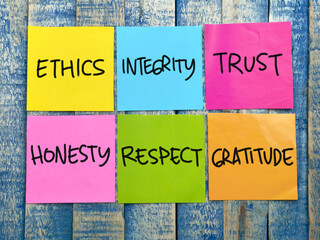 Ethics integrity trust, text words typography written on paper, life and business motivational...