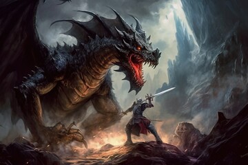 Fantasy scene with dragon and knight in battle.Generative Ai - obrazy, fototapety, plakaty