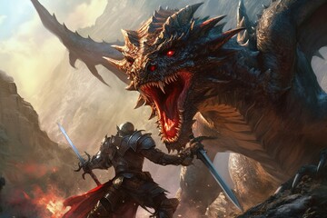 Fantasy scene with dragon and knight in battle.Generative Ai © Rudsaphon
