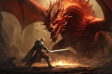 Fantasy scene with dragon and knight in battle.Generative Ai © Rudsaphon