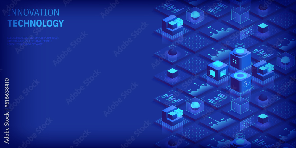 Poster engineering innovations design. abstract technology background. blockchain concept banner. isometric
