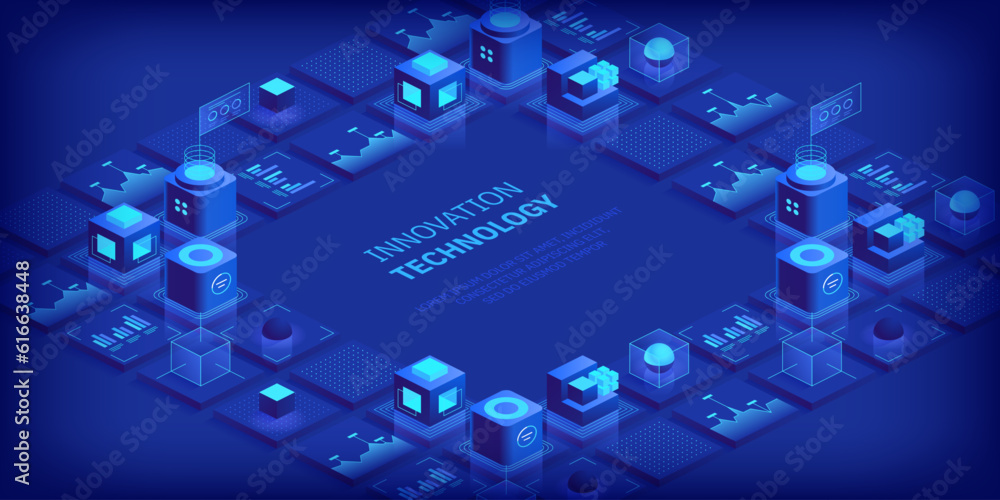 Poster engineering innovations design. abstract technology background. blockchain concept banner. isometric