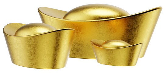 a 3D illustration featuring an isolated group of Yuan Bao, Chinese gold ingot. Yuan Bao is a symbol of wealth and prosperity, especially during the Lunar New Year.