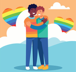 Vector illustration pride month love two men lgbt hug rainbow clouds icon people flat style