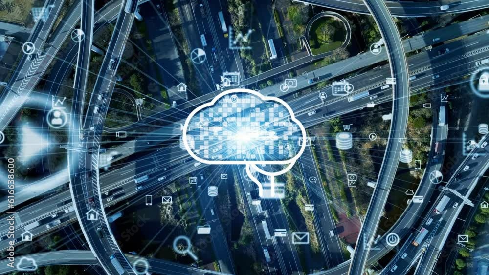 Aufkleber Modern highway and AI (Artificial Intelligence) concept. Smart transportation. ITS (Intelligent Transport Systems). Mobility as a service.Composite visual with a drone point of view. Mixed media.