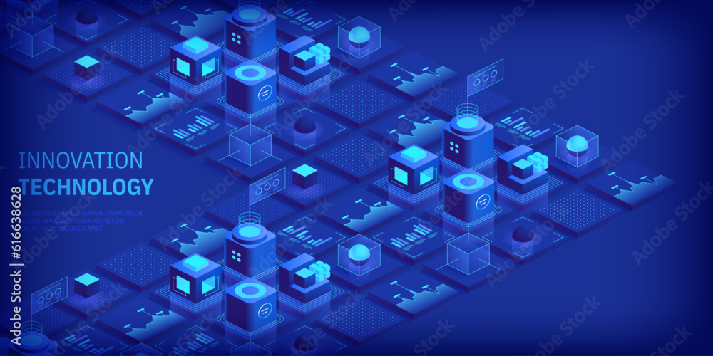 Poster engineering innovations design. abstract technology background. blockchain concept banner. isometric
