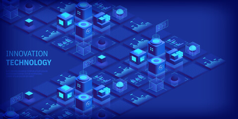 Engineering innovations design. Abstract technology background. Blockchain concept banner. Isometric digital blocks connection with each other crypto chain. Blocks and cubes Vector illustration