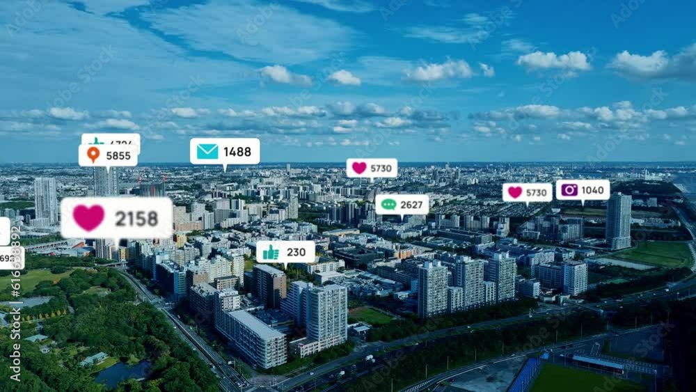 Poster Modern cityscape and mobile app notifications concept. Social media marketing. Composite visual with a drone point of view. Mixed media.