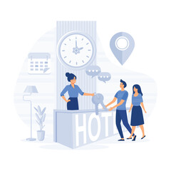 Hotel scene with couple checking in. Man and woman at reception counter with luggage, receptionist giving key from room. flat vector modern illustration